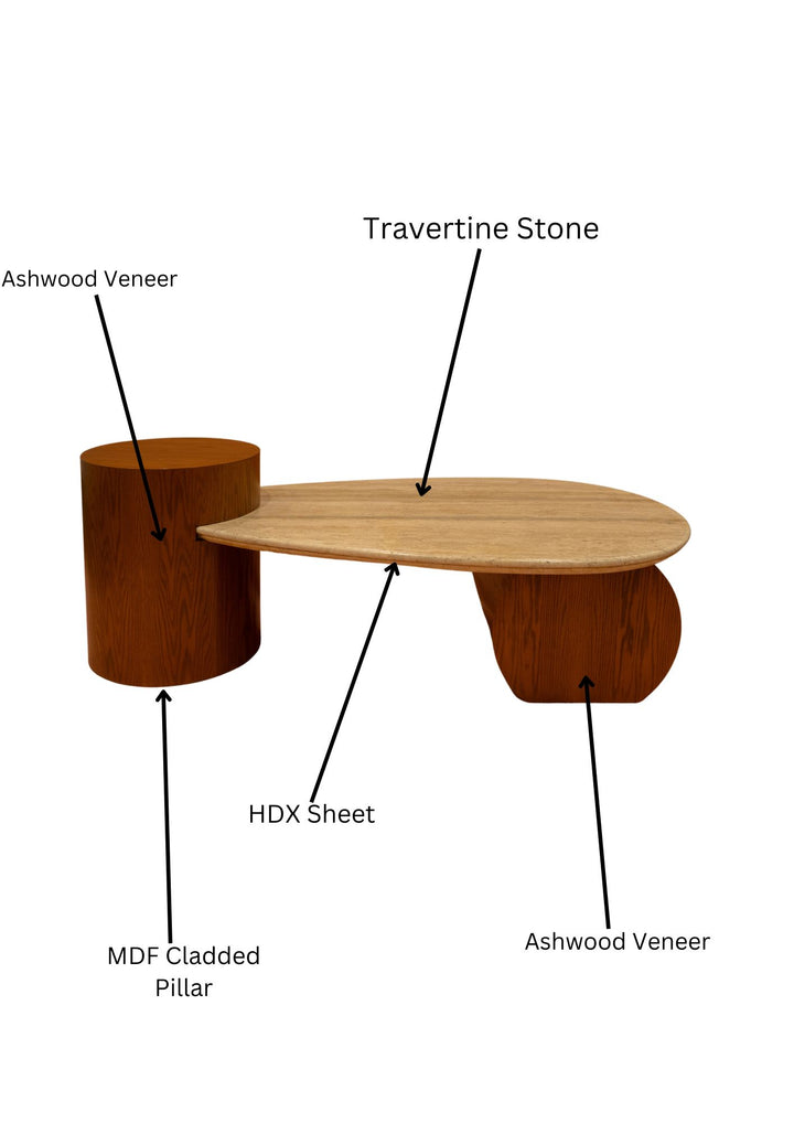 Travertine Stone Coffee Table with Ashwood Veneer Base