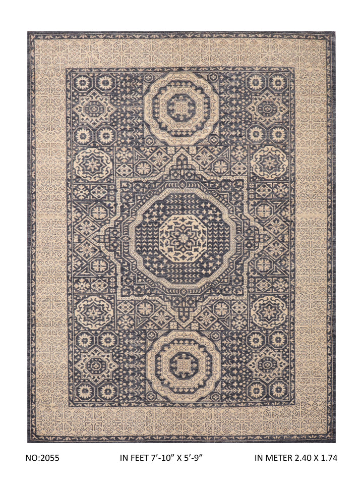 Ivory Grey Handmade Mamluk Rug 7.10x5.9 FT