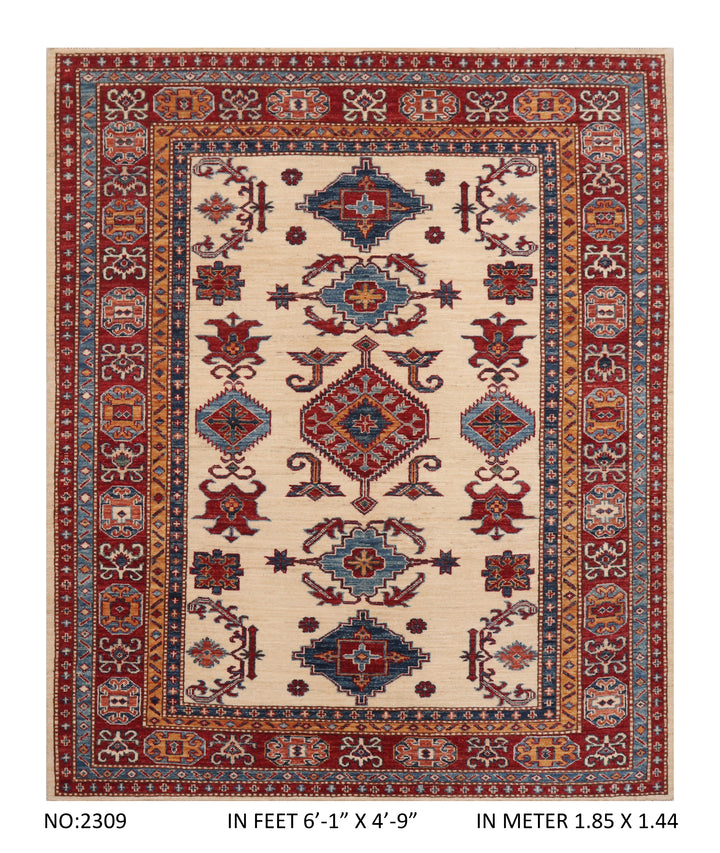 Beige Super Kazak Rug 6.1x4.9 FT