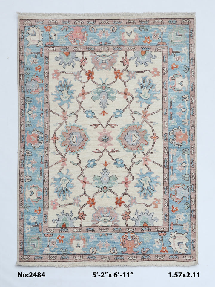 Sky Blue Handmade Oushak Rug 5.2x6.11 FT