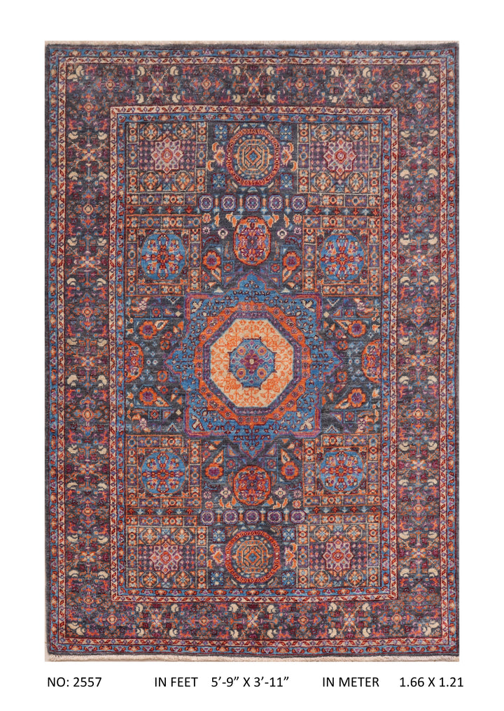 Rust Blue Handmade Mamluk Rug 5.9x3.11 FT