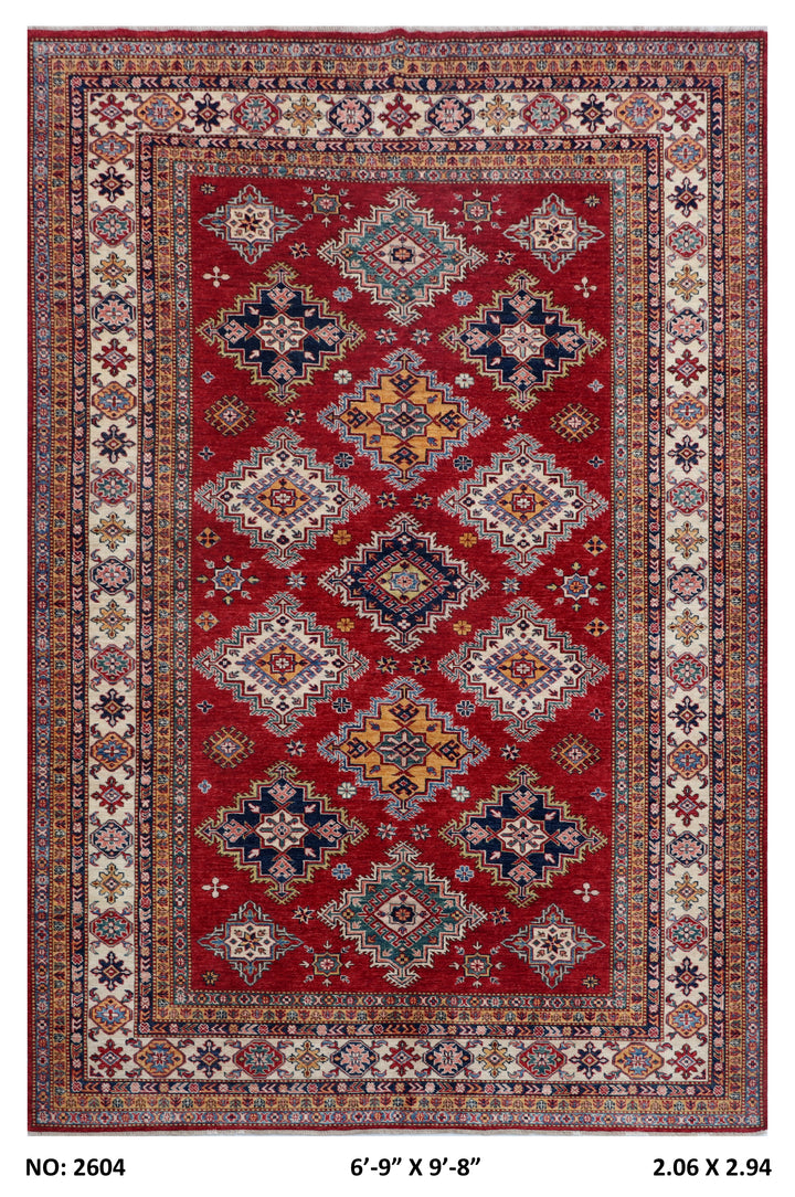 Rich Red Super Kazak Rug 6.9x9.8 FT