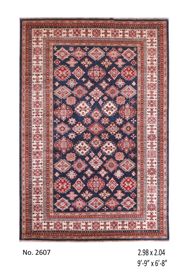 Beige Blue Super Kazak Rug 9.9x6.8 FT