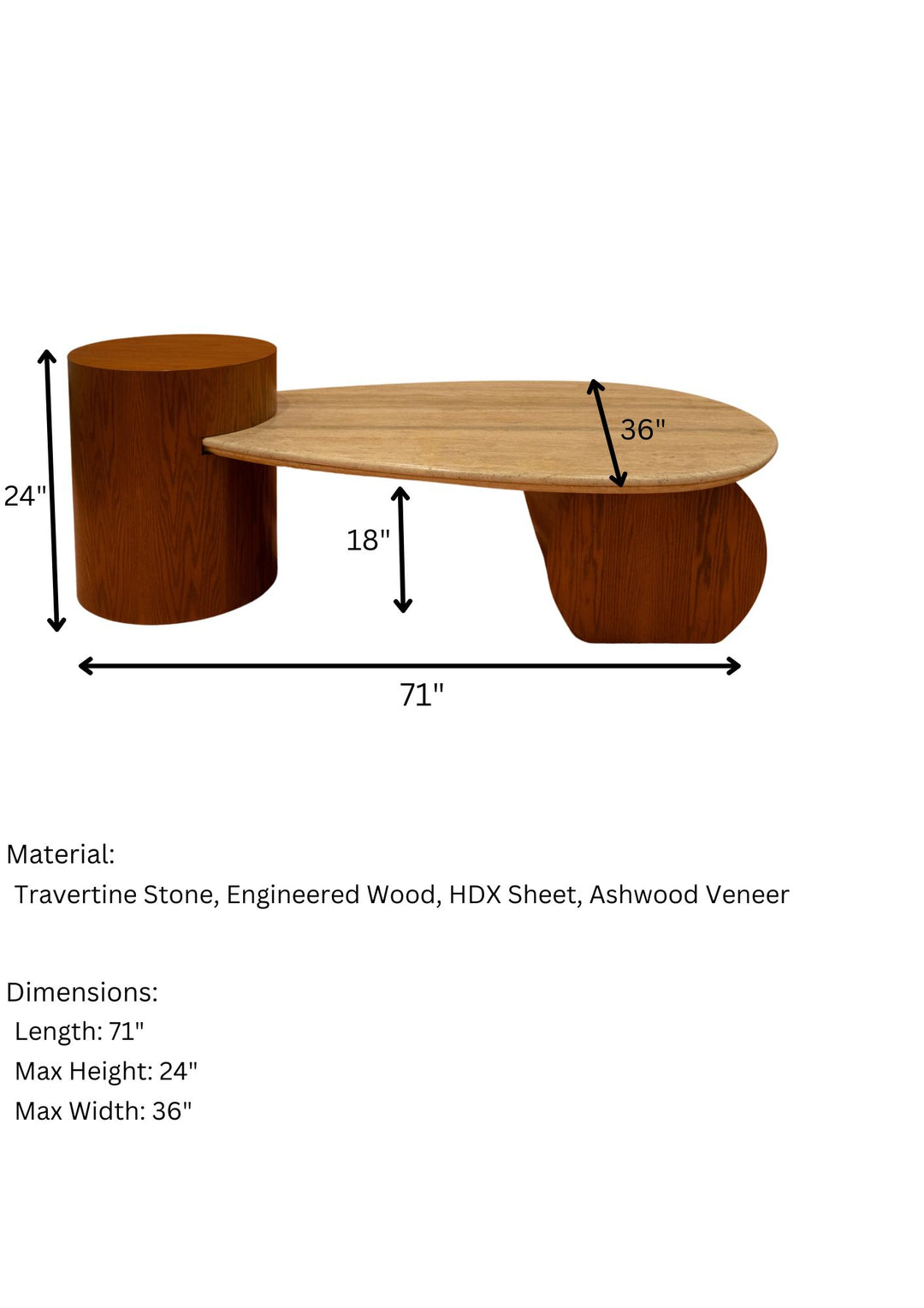 Travertine Stone Coffee Table with Ashwood Veneer Base