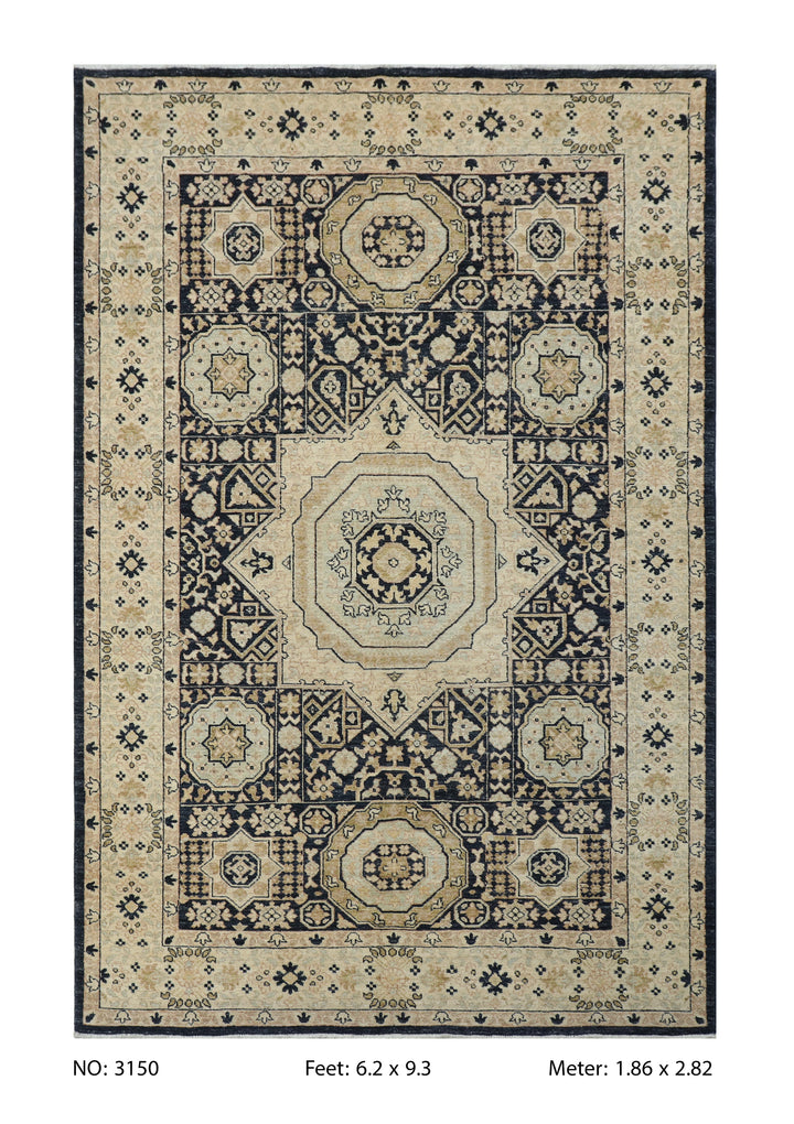 Ivory Beige Handmade Mamluk Rug 6.2x9.3 FT
