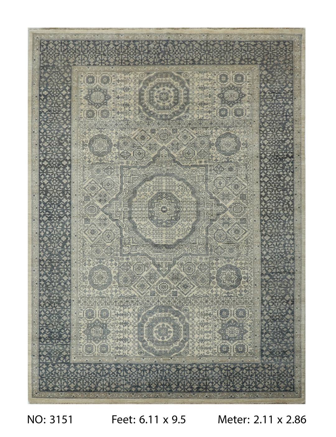 Grey Handmade Mamluk Rug 6.11x9.5 FT