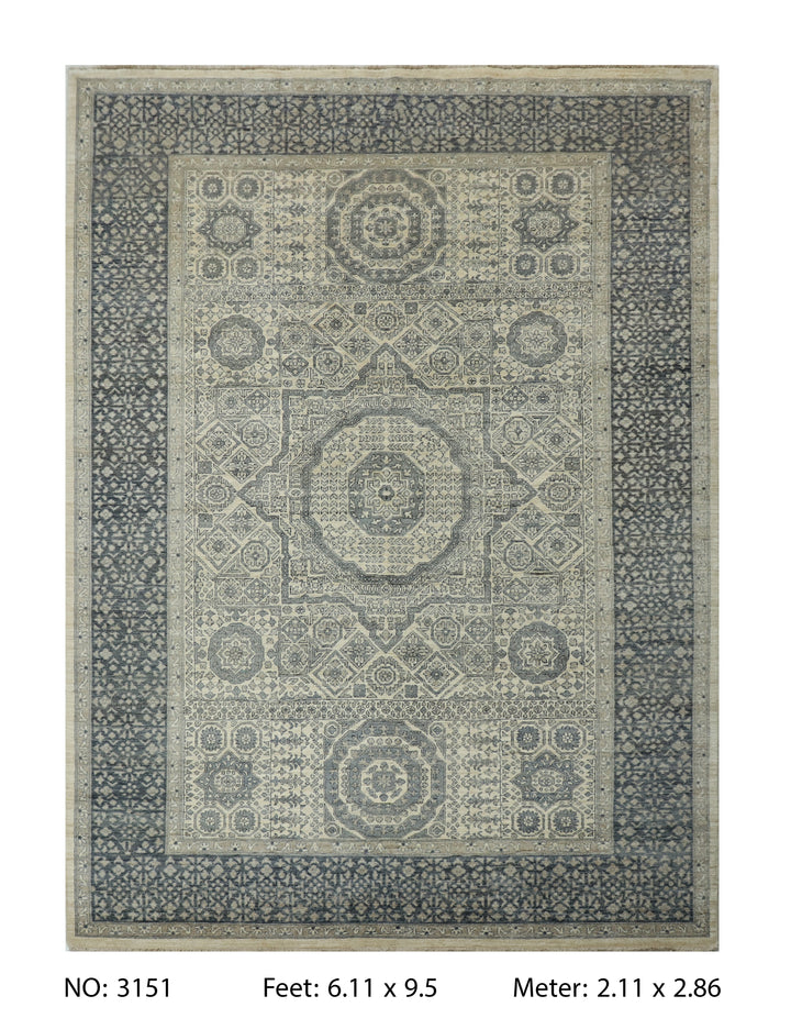 Grey Handmade Mamluk Rug 6.11x9.5 FT