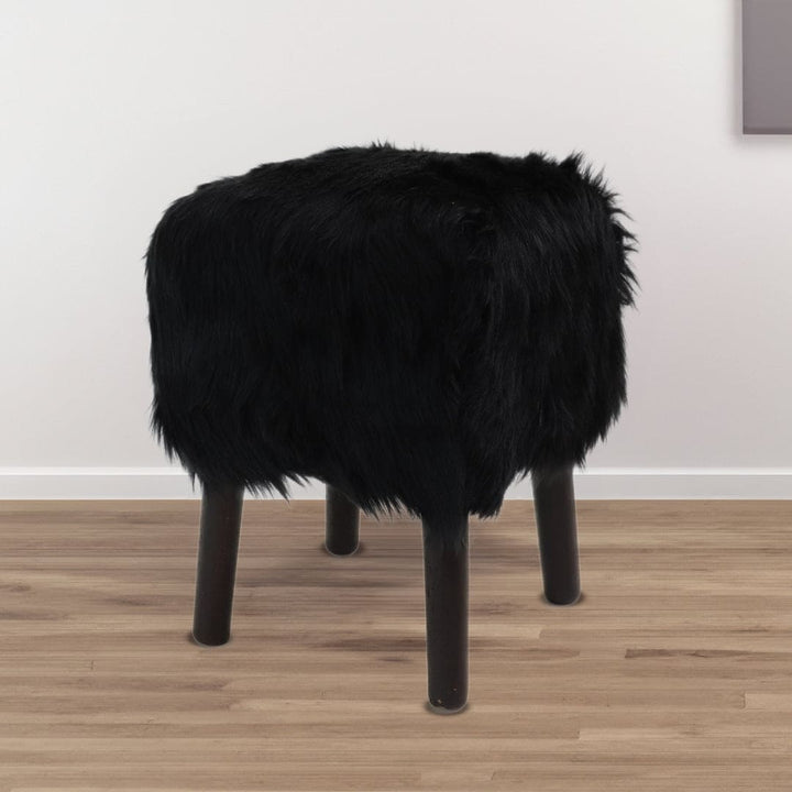 Black Fur Ottoman Stool Small