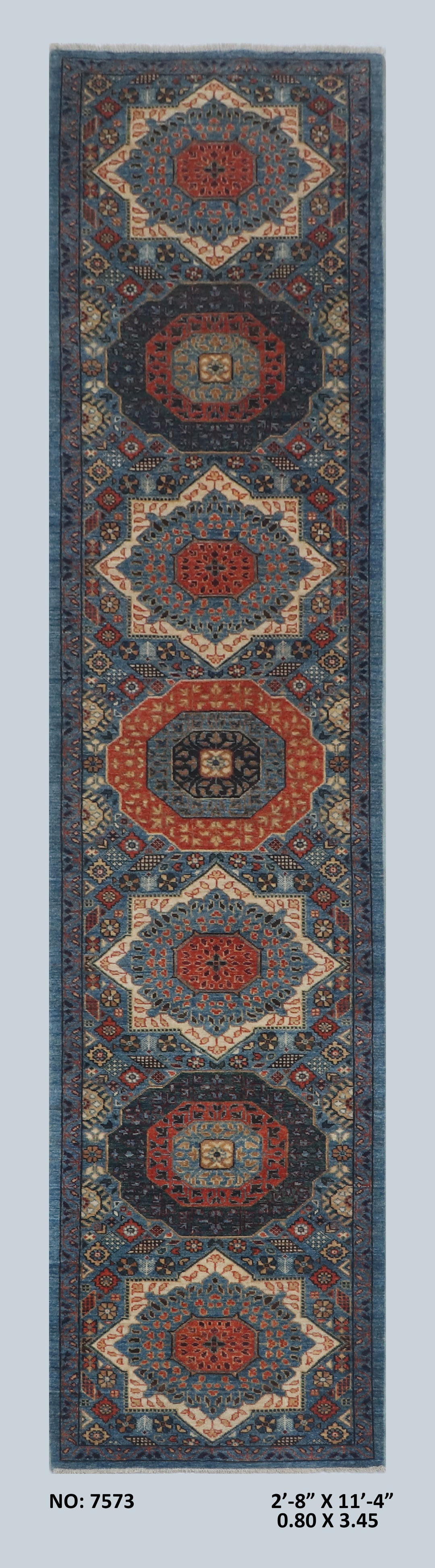 Multi Grey Handmade Mamluk Runner 2.8x11.4 FT