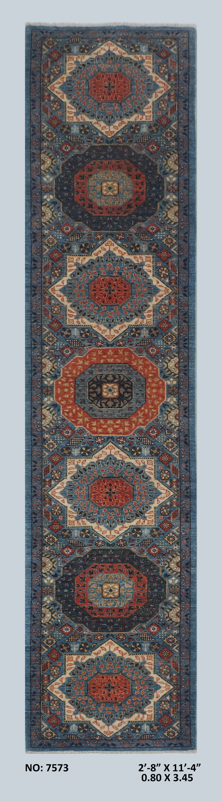 Multi Grey Handmade Mamluk Runner 2.8x11.4 FT