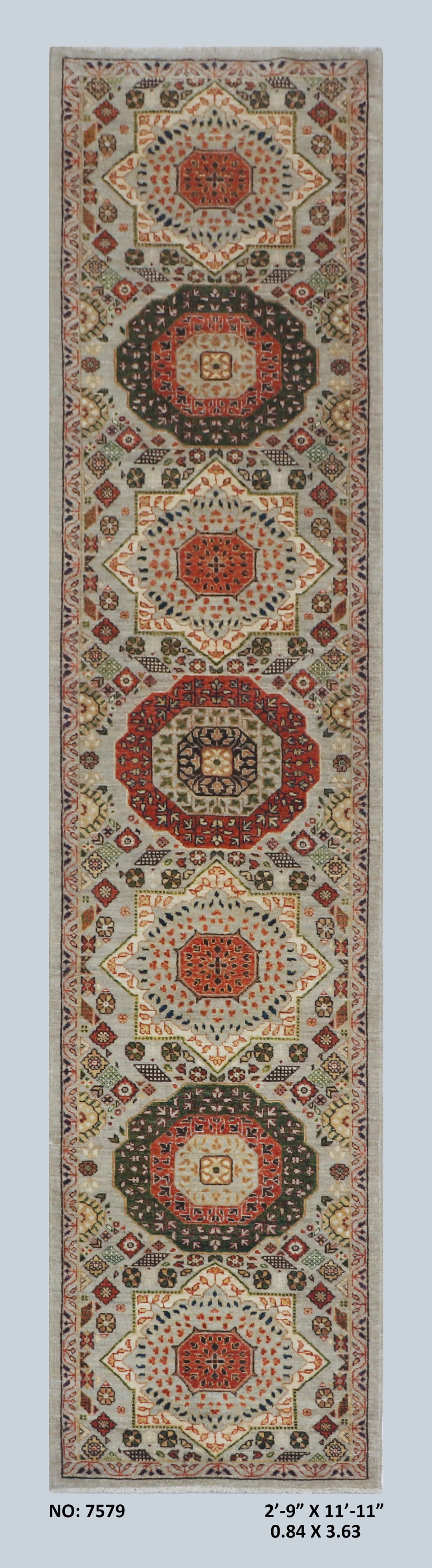 Beige Gold Handmade Mamluk Runner 2.9x11.11 FT