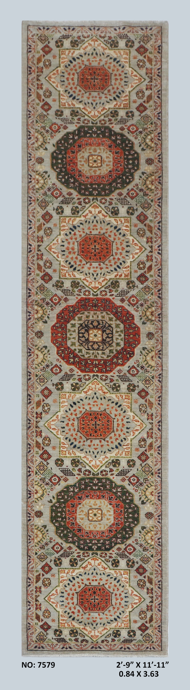 Beige Gold Handmade Mamluk Runner 2.9x11.11 FT