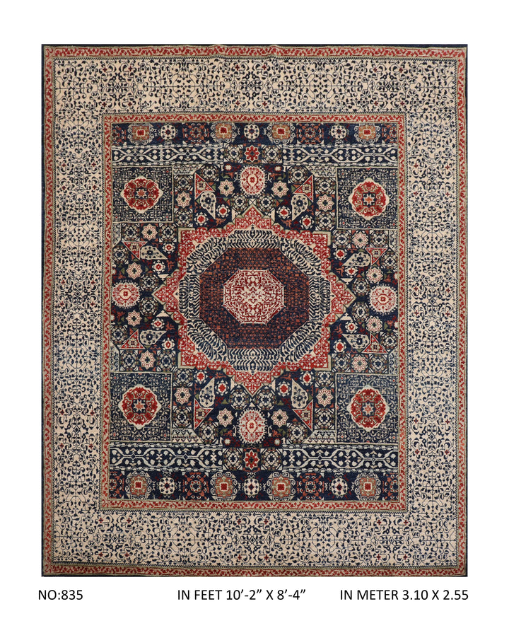 Ivory Red Handmade Mamluk Rug 10.2x8.4 FT