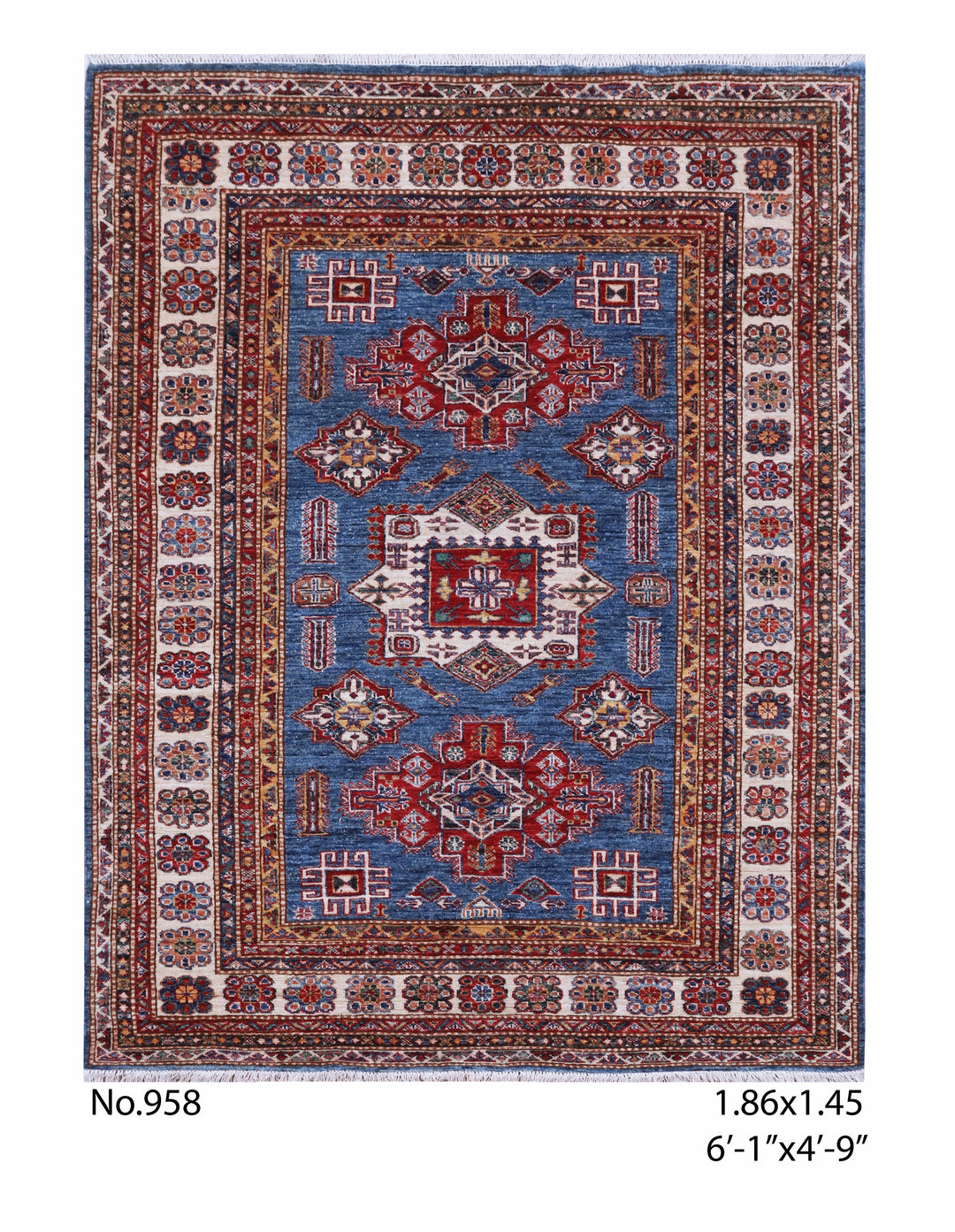 Rust Blue Super Kazak Rug 6.1x4.9 FT