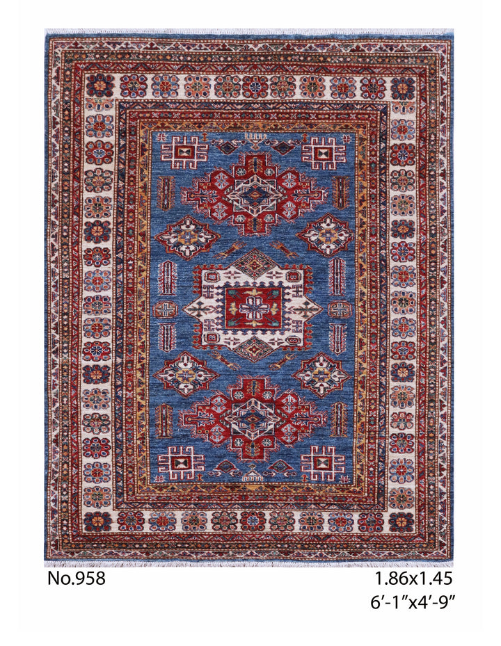 Rust Blue Super Kazak Rug 6.1x4.9 FT