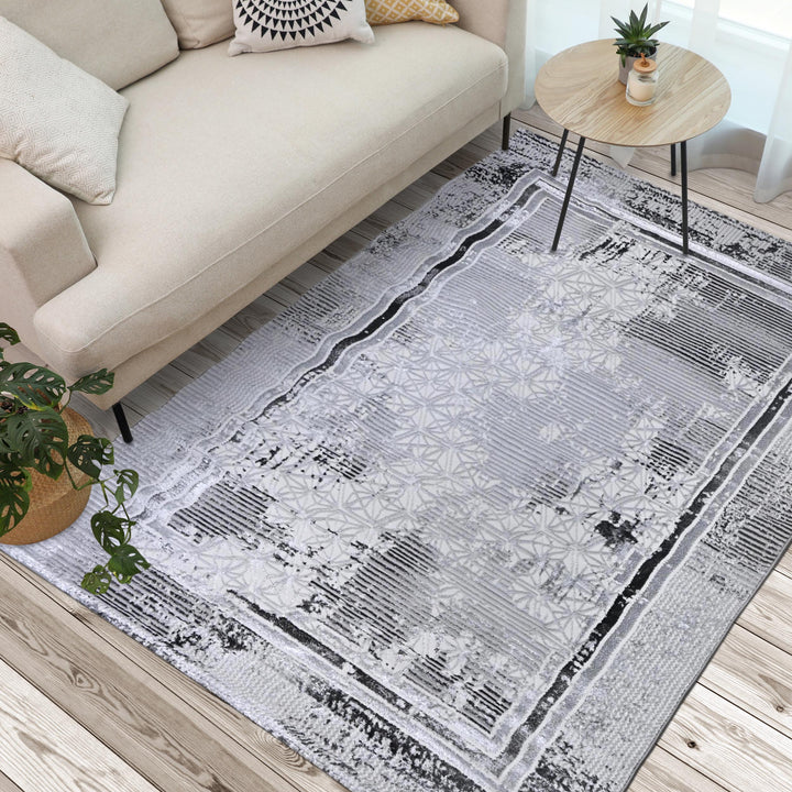 Silver & Grey Abstract Turkish Rug 7x10 ft