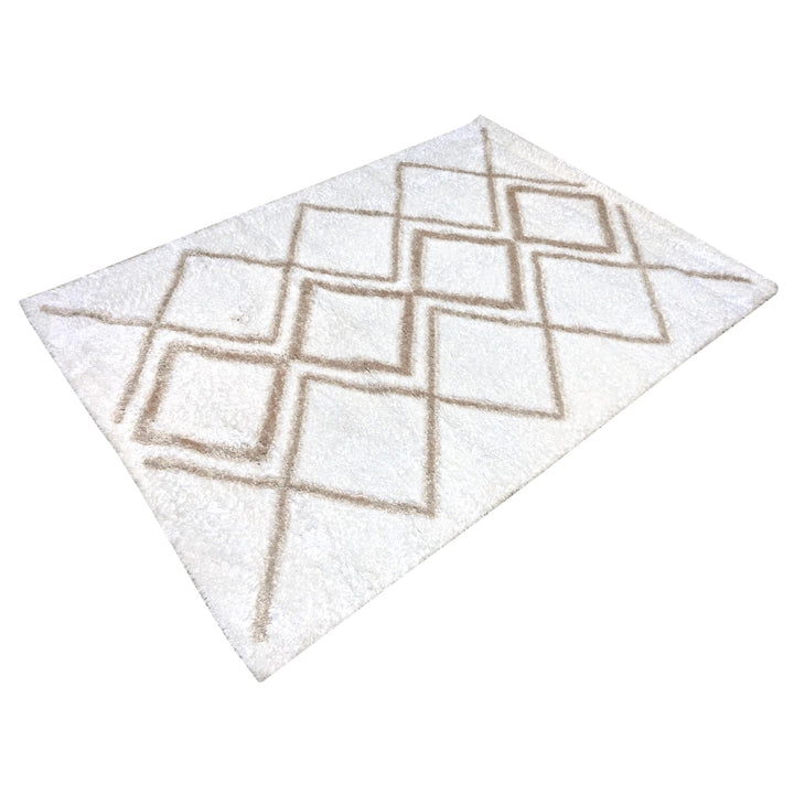 White & Beige Geometric Turkish Rug 5X8 ft