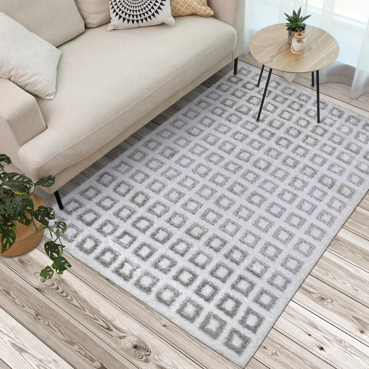 Ivory Grey Grid Turkish Rug 5X8 ft