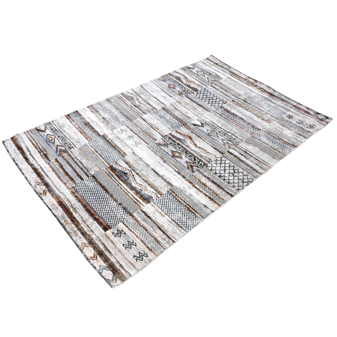 White Grey Beige Strips Turkish Rug 5X8 ft