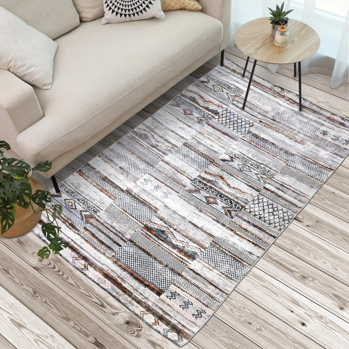 White Grey Beige Strips Turkish Rug 5X8 ft