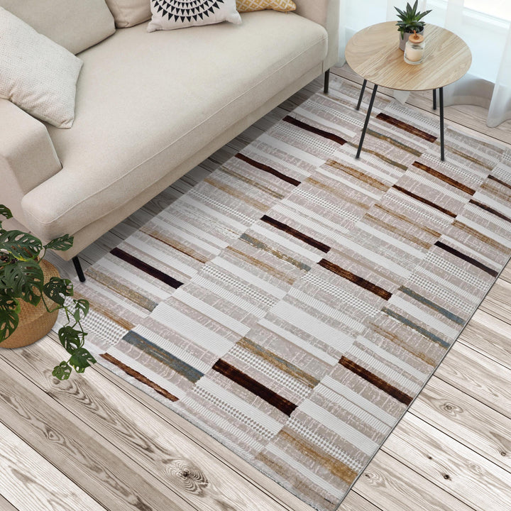 Beige Brown Strips Turkish Rug 5X8 ft