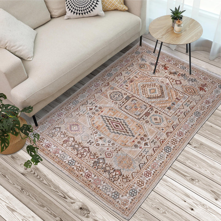 Beige Rose Tribal Turkish Rug 5X8 ft