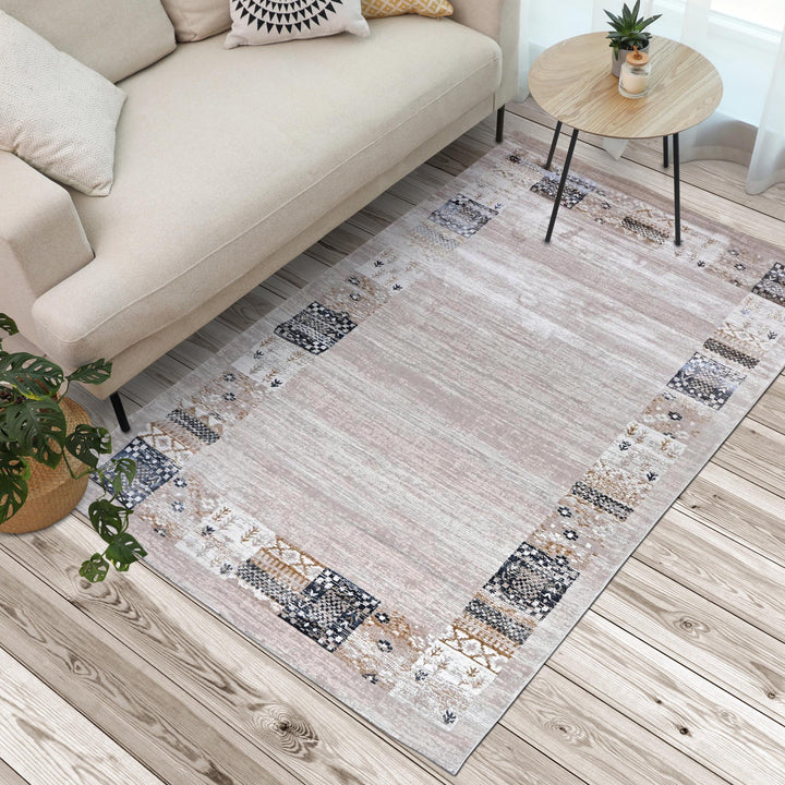 Grey & Beige Border Turkish Rug 5X8 ft -