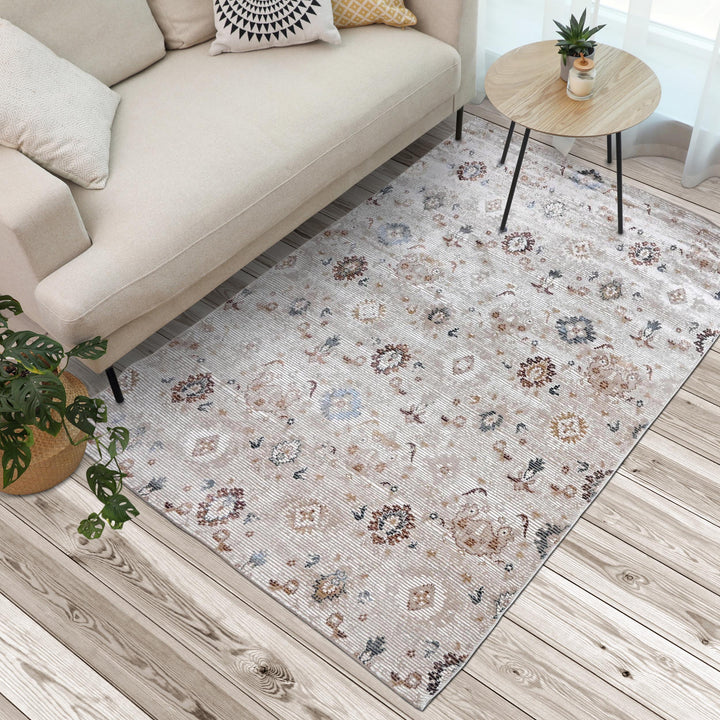 Grey Beige Floral Turkish Rug 5X8 ft