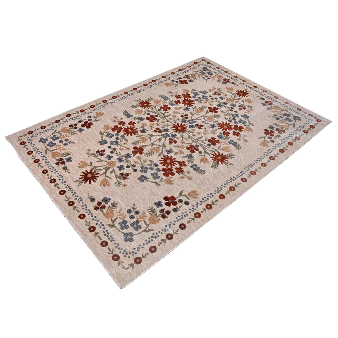 Beige Red Floral Turkish Rug 5X8 ft