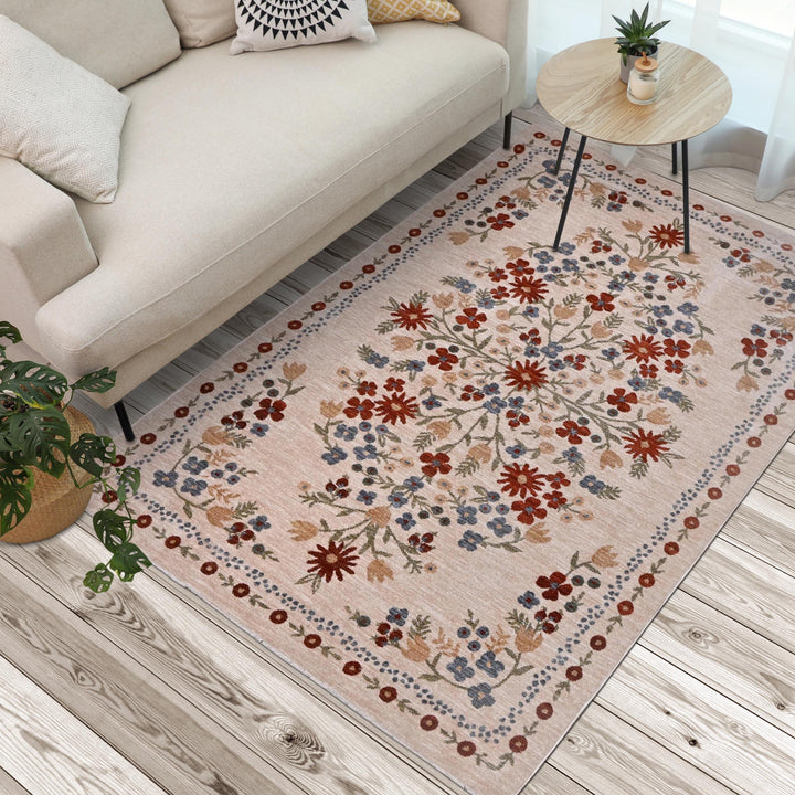 Beige Red Floral Turkish Rug 5X8 ft