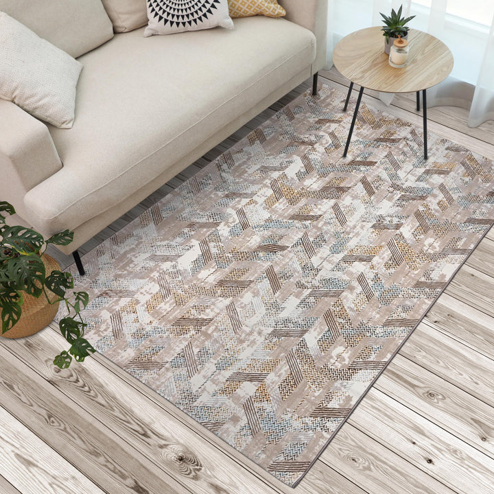 Beige Grey Geometric Turkish Rug 5X8 ft