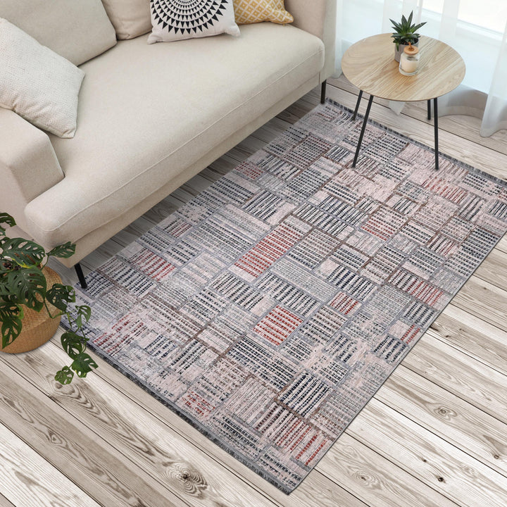 Grey Pink Geometric Turkish Rug 5X8 ft