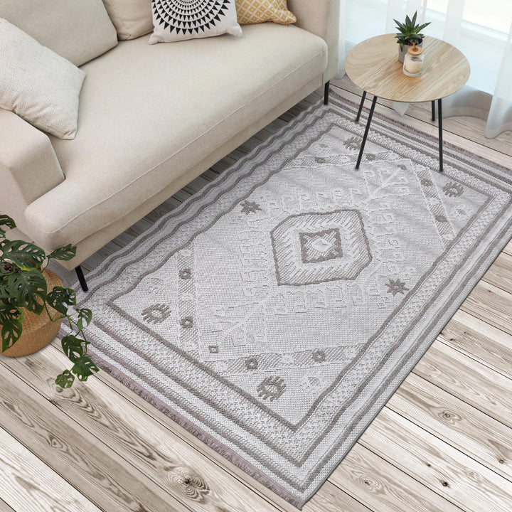 Cream Grey Geometric Turkish Rug 5X8 ft