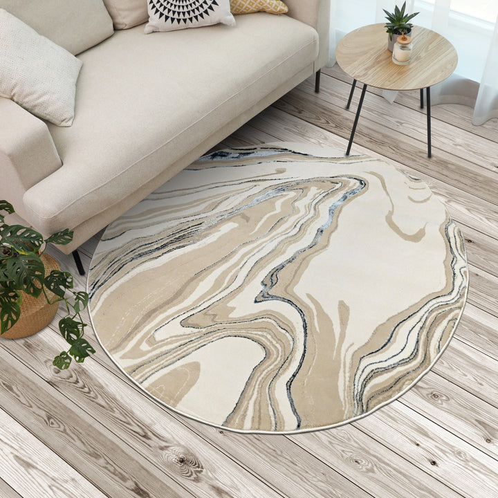 Off White Waves Turkish Round Rug 5x5 ft