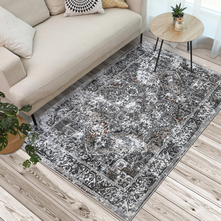 Grey Black Floral Turkish Rug 5X8 ft