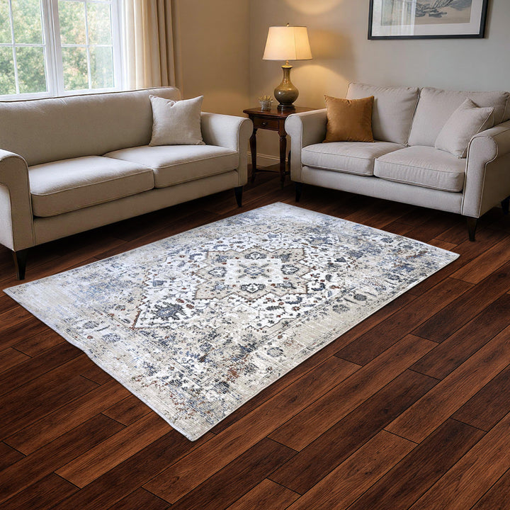 Ivory Grey Medallion Turkish Rug 5X8 FT