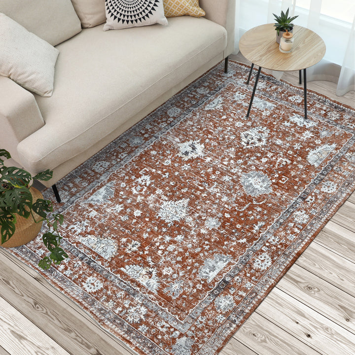 Rust Floral Turkish Rug 5X8 Ft