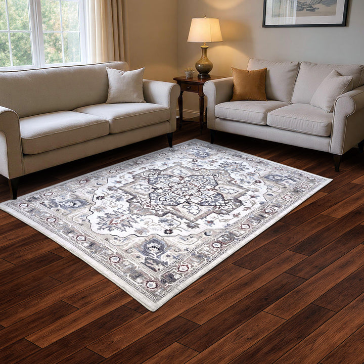 Medallion Ivory Grey Turkish Rug 5X8 FT