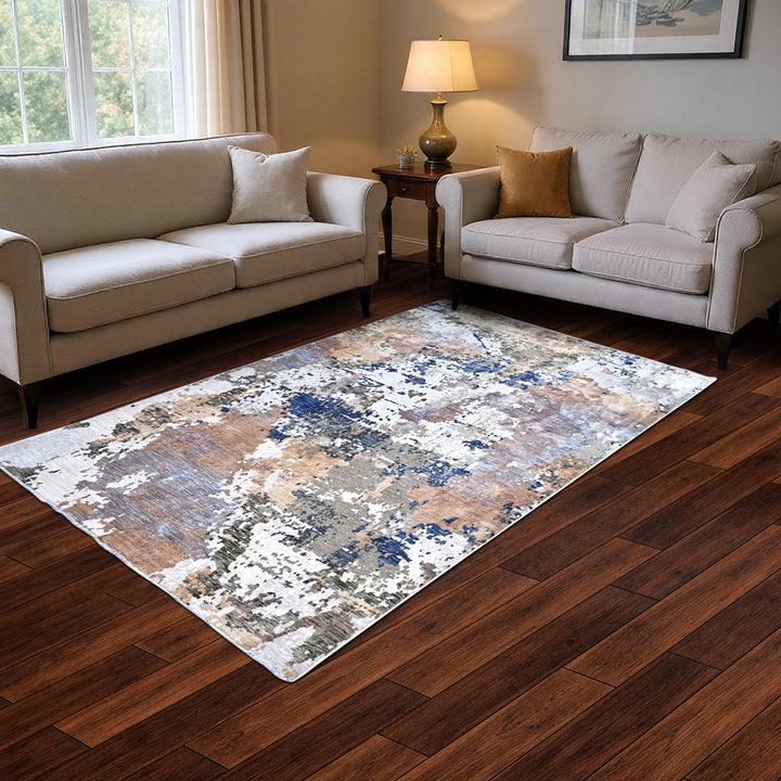 Abstract Splatter Navy Beige Turkish Rug 5X8 FT