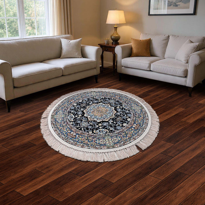Jet Black Persian Round Rug 3x3 Ft