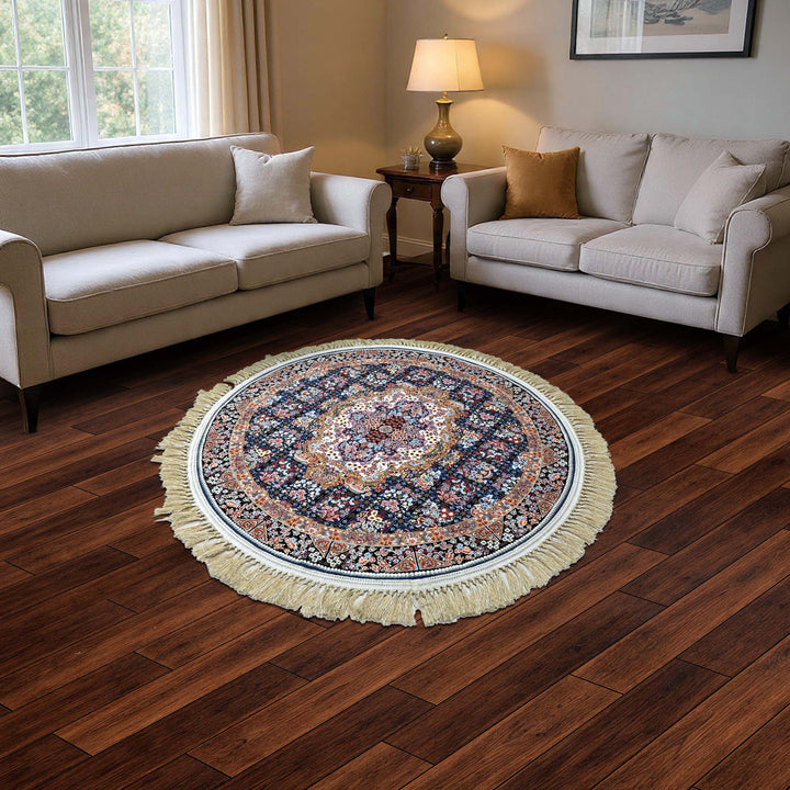 Navy Blue Persian Round Rug 3x3 Ft