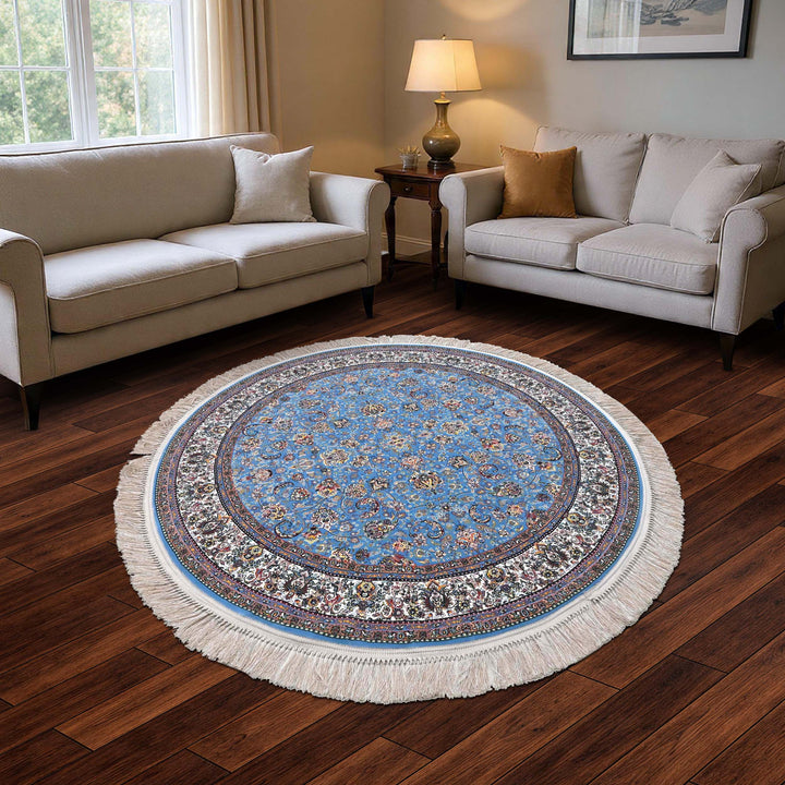 Sky Blue Floral Persian Round Rug 5x5 Ft