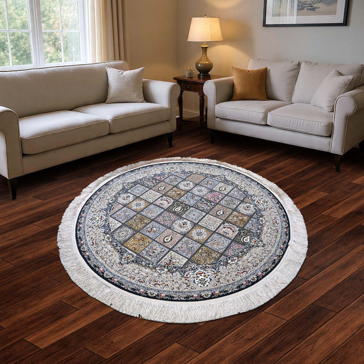 Silver Ivory Floral Persian Round Rug 5x5 Ft