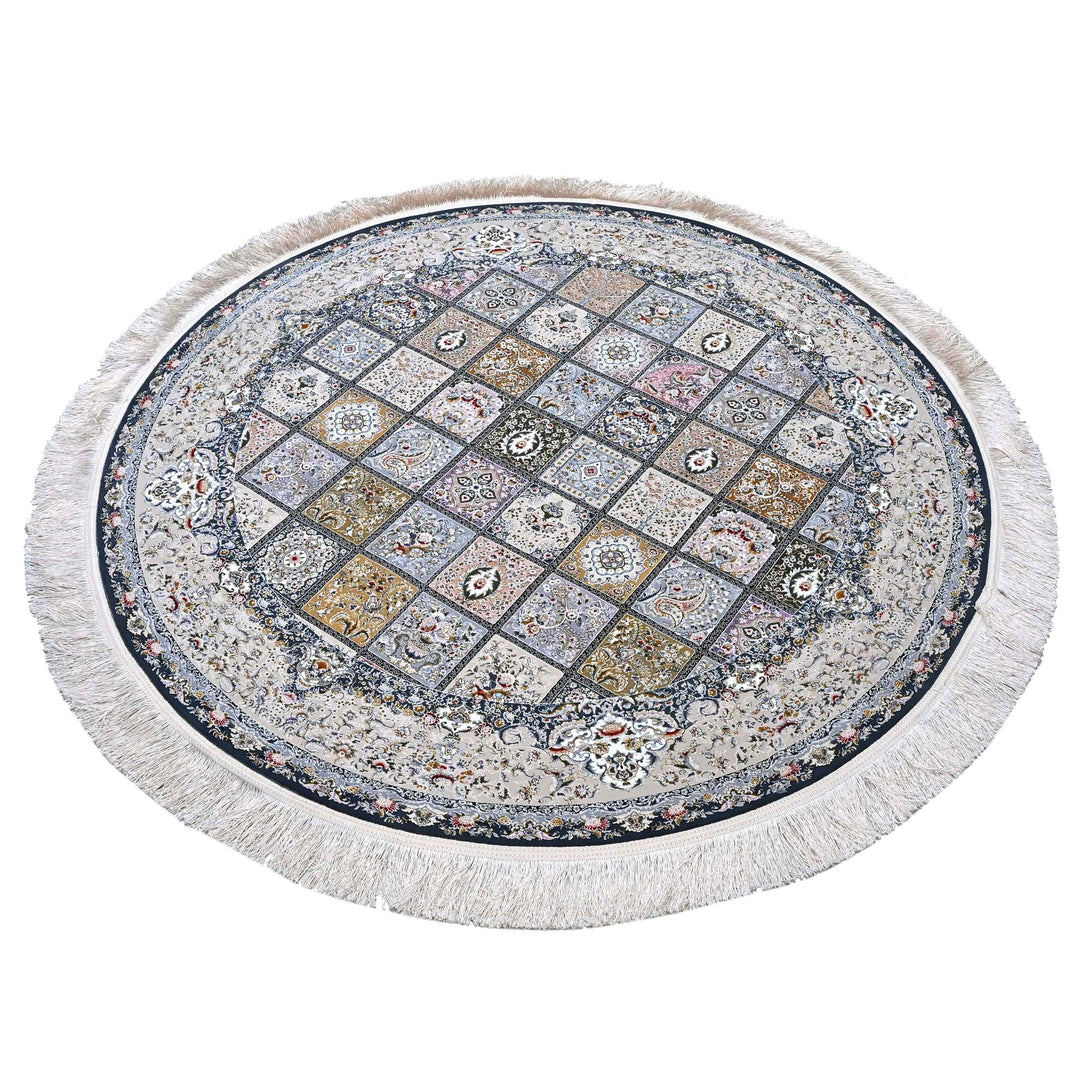 Silver Ivory Floral Persian Round Rug 5x5 Ft