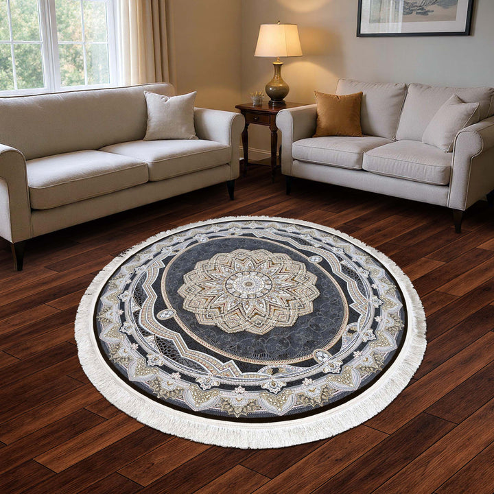 Charcoal Grey Persian Round Rug 5x5 Ft
