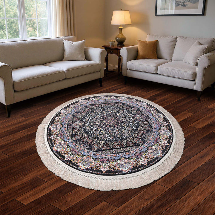 Navy Black Persian Round Rug 5x5 Ft