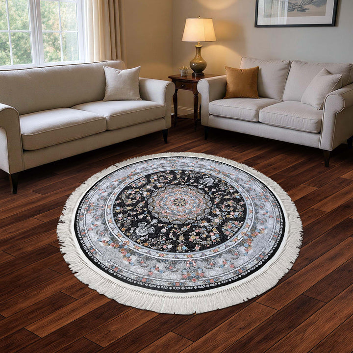 Jet Black Persian Round Rug 5x5 Ft