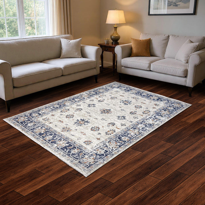 Floral Ivory Navy Turkish Rug 5X8 FT