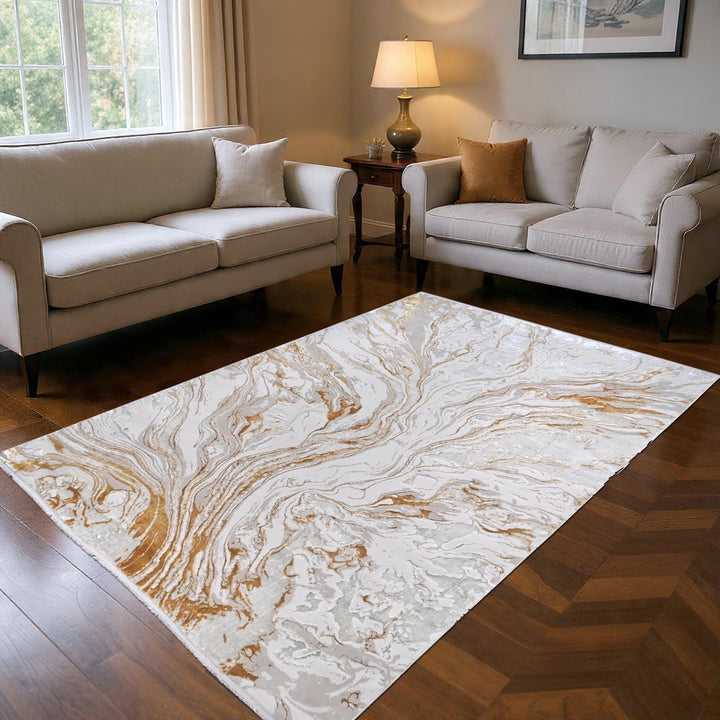 Cream Gold Abstract Turkish Rug 7x10 ft