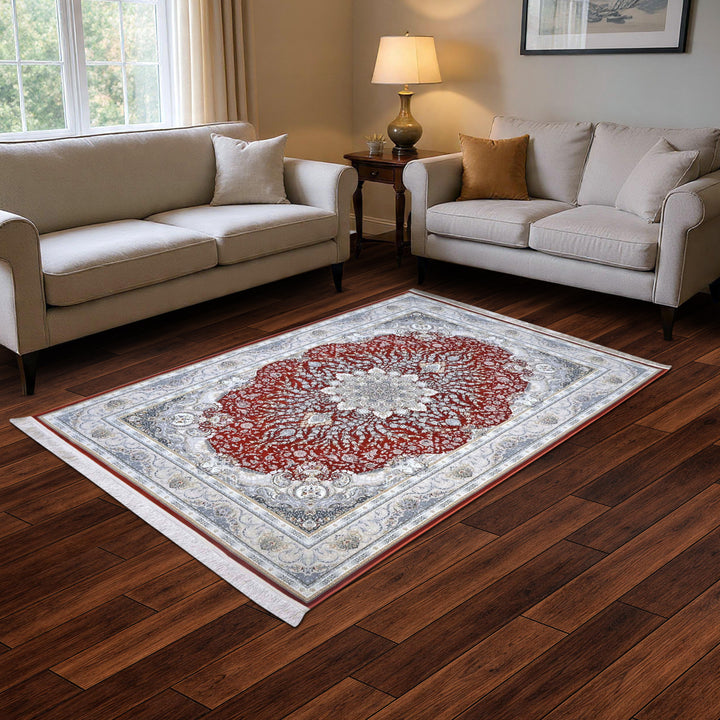 Red & Sliver Persian Khas Rug 5X8 FT